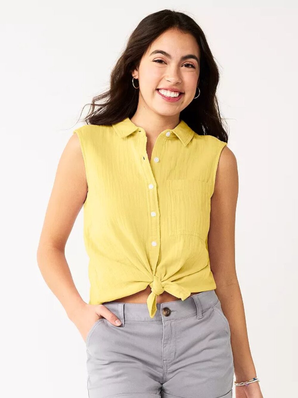 Junior's SO Button Front Sleeveless Shirt - Yellow Puff - Medium - NWT